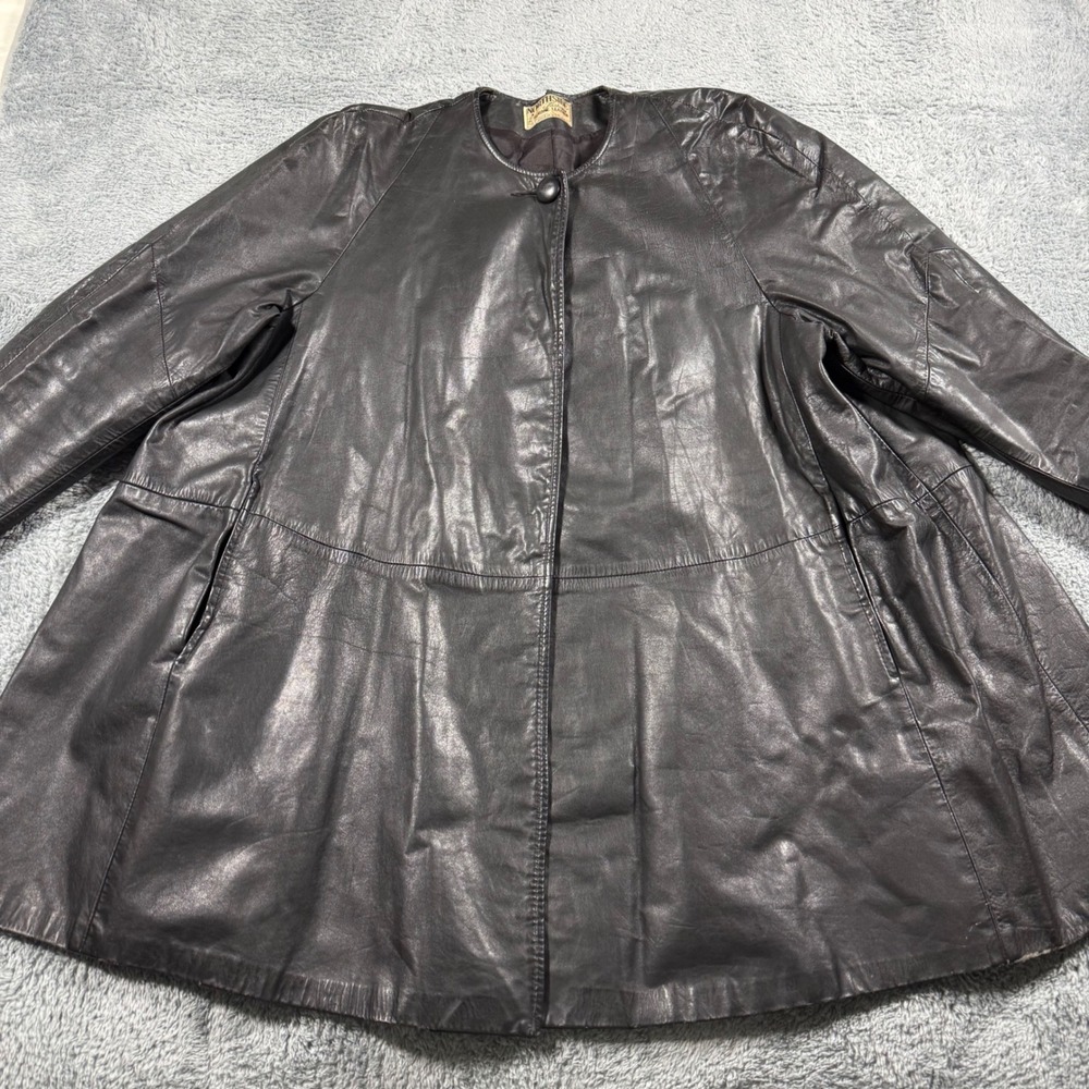 Vintage Made in USA Black Leather Open Swing Coat Collarless‎ Flare Jacket
